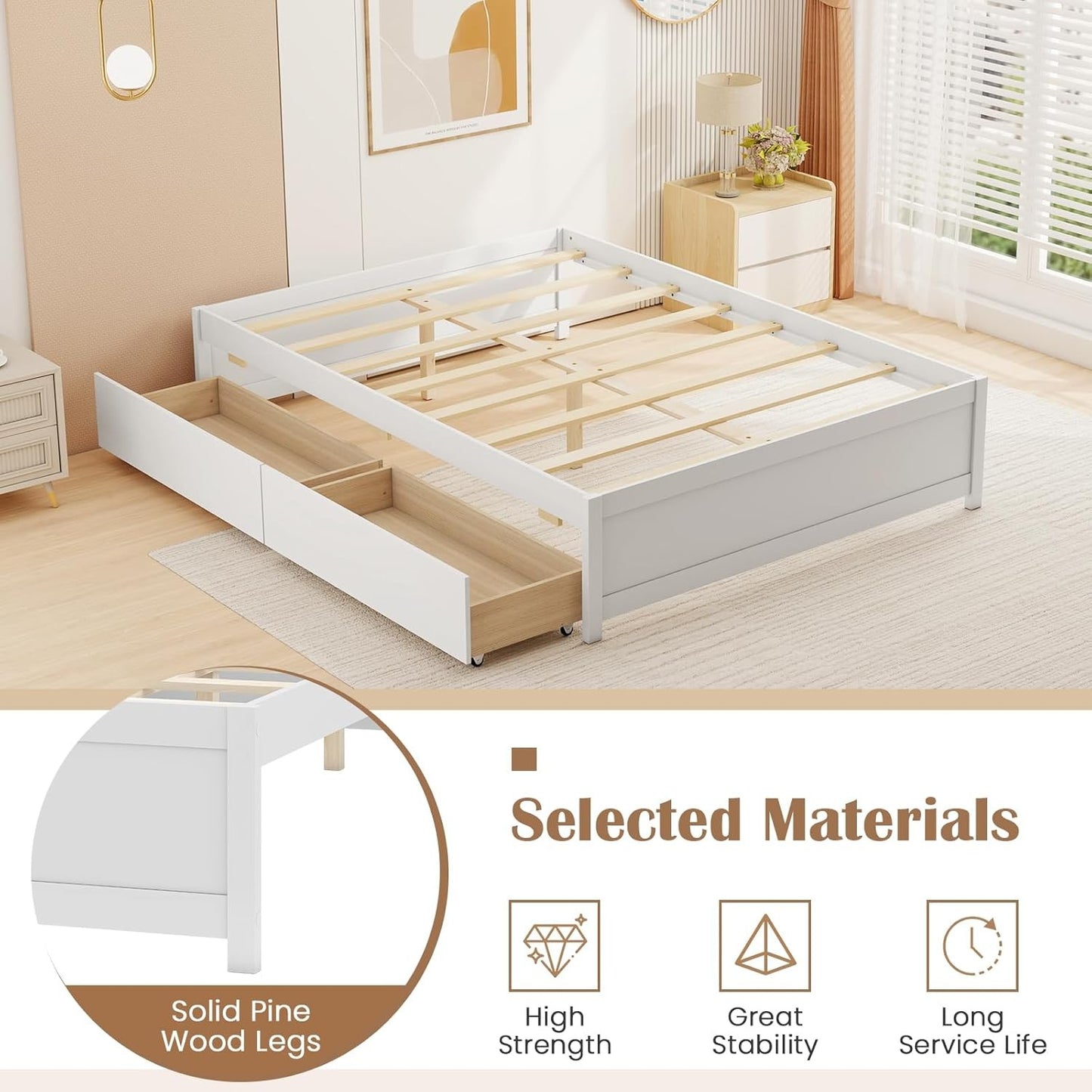 Cama de Madeira Casal com 2 Gavetas de Armazenamento com Rodas, Estrutura de Cama Plataforma de Madeira, Base para Colchão com Estrado de Madeira