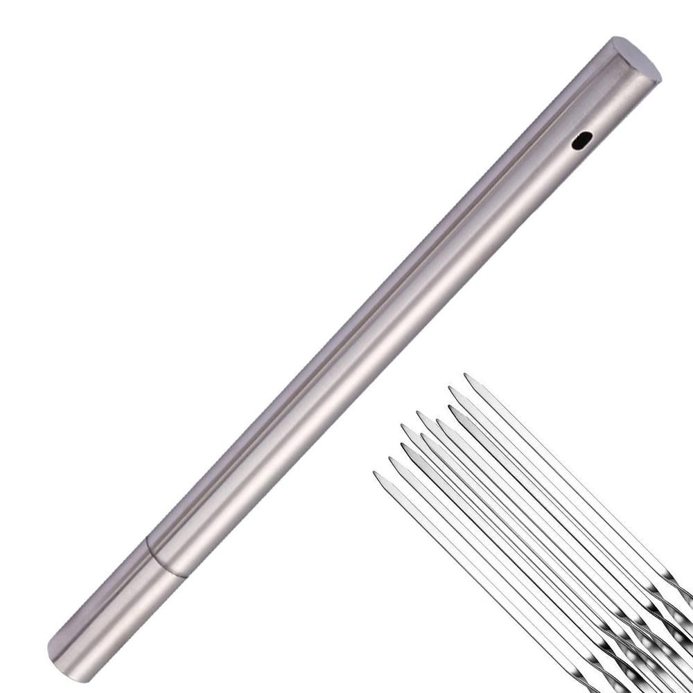Stainless Steel Barbecue Skewer Storage Tube Charcoal Grill Skewer Flat BBQ Fork Kitchen Outdoor Camping Accessories Utensils