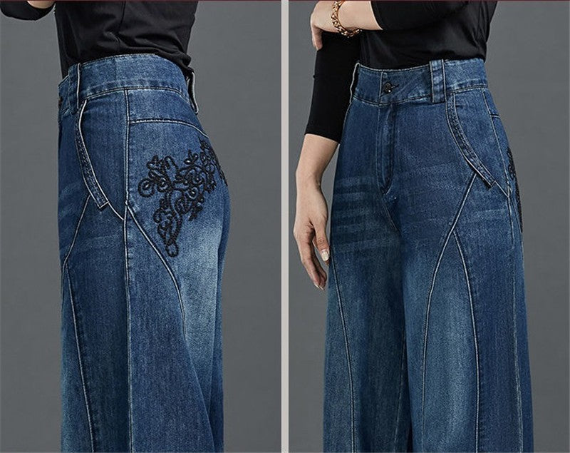 Autumn Winter High Waisted Women Jeans Casual Loose Embroidery Bloomers Trousers Female Fashion Wide Leg Denim Pants Blue