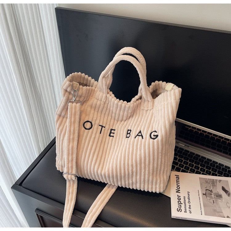 Large Capacity Striped Velvet Handbag Shoulder Bag for Woman Handbags Crossbody Bags, Versatile Letter Corduroy Women's Tote Bag