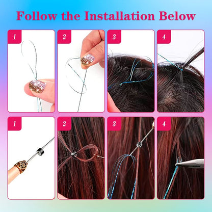 Kit de Fios Brilhantes Coloridos de Glitter para Cabelo, Fio de Cabelo Dourado Brilhante, Extensões de Corda, Acessórios de Cabelo para Mulheres, Enfeite de Cabelo