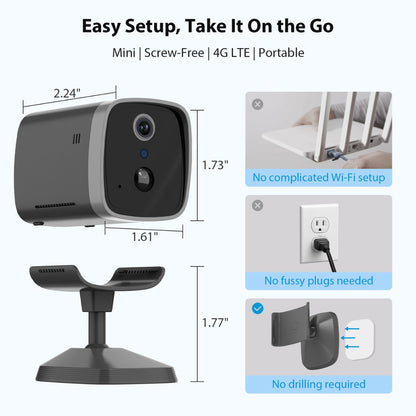 Mini 4G Wireless Security Camera with SIM Card, Battery Powered, Night Vision, Human Detection, Indoor Outdoor Use Mini Cam