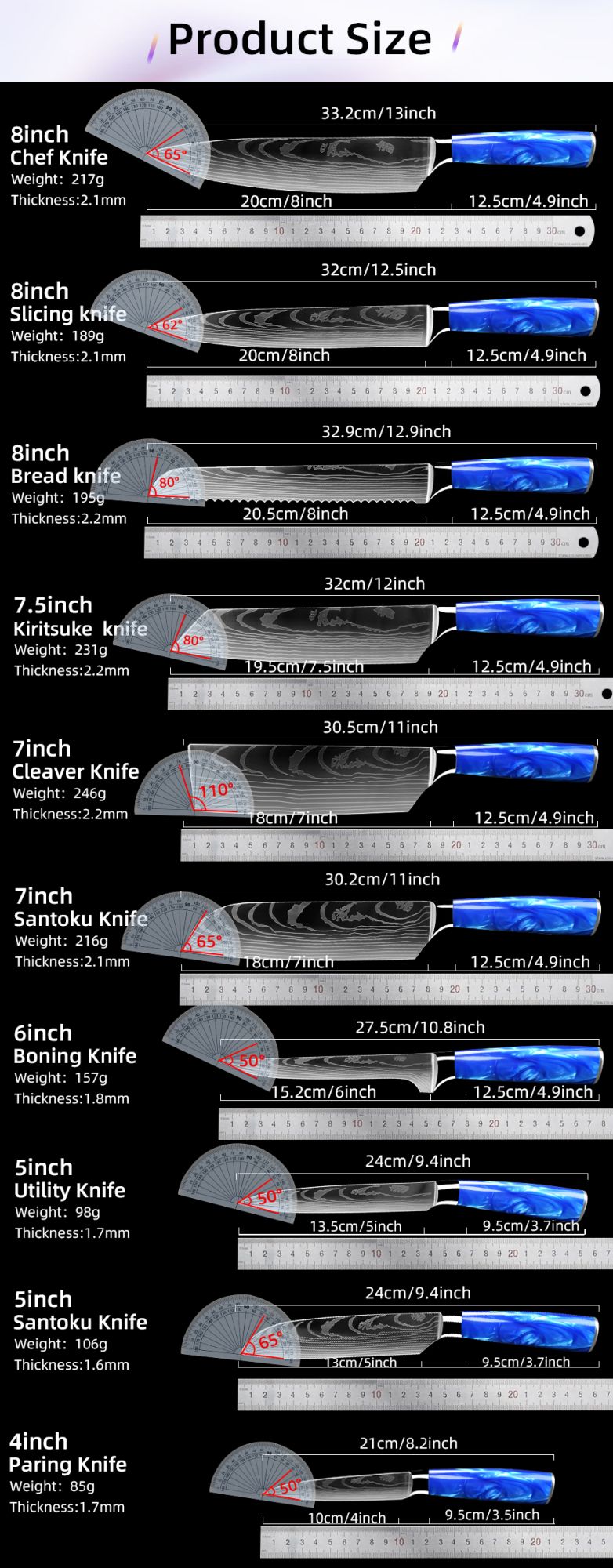 Faca de Cozinha Japonesa Chef 1-10 Peças Conjunto 7CR17 Aço Inoxidável 440C Desenho Damasco Cutelo de Carne Fatiador Santoku Ferramentas de Cozinha