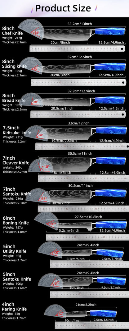 Faca de Cozinha Japonesa Chef 1-10 Peças Conjunto 7CR17 Aço Inoxidável 440C Desenho Damasco Cutelo de Carne Fatiador Santoku Ferramentas de Cozinha