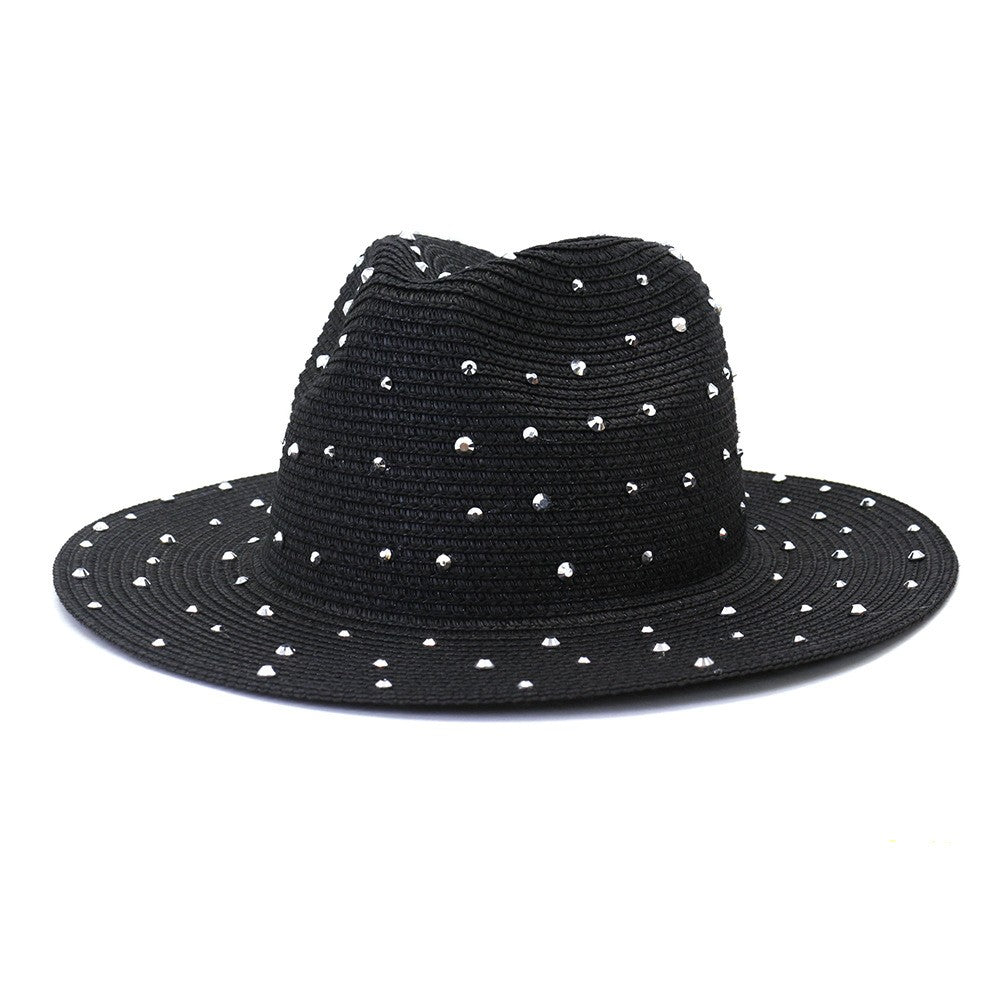 Hand made Diamond Straw Hat For Women's Summer Wide side Jazz Dress Cap Holiday Sun Protection Beach Hats
