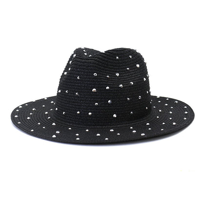 Hand made Diamond Straw Hat For Women's Summer Wide side Jazz Dress Cap Holiday Sun Protection Beach Hats
