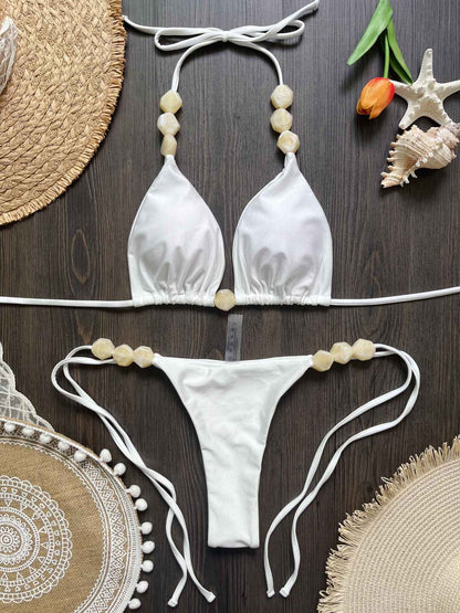 2025 Sexy Bead Bikini Swimwear Women Halter Bikini Swimsuit Beach Halter V Neck Bikini Set Beachwear Summer Bathing Suit