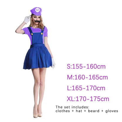 Game Plumber Bros Cosplay Costume Set Jumpsuit Dress Hat Beard Gloves Adult Men Women Uniform Halloween Party Role Play Outfit