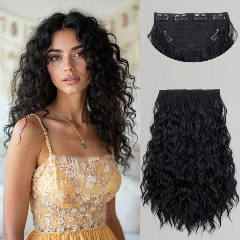Extensão de Cabelo Sintética de 18 Polegadas, Uma Peça, 6 Clipes, Curta, Ondulada, Encaracolada, com Clipe, Invisível, Volumosa, Preta/Castanha, para Mulheres