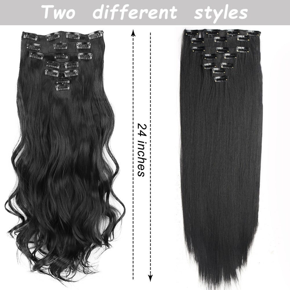 7 peças/conjunto de aplique de cabelo com 16 grampos, preto, longo e liso, cabelo natural, aplique de cabelo ombre, fibra resistente ao calor para penteado feminino