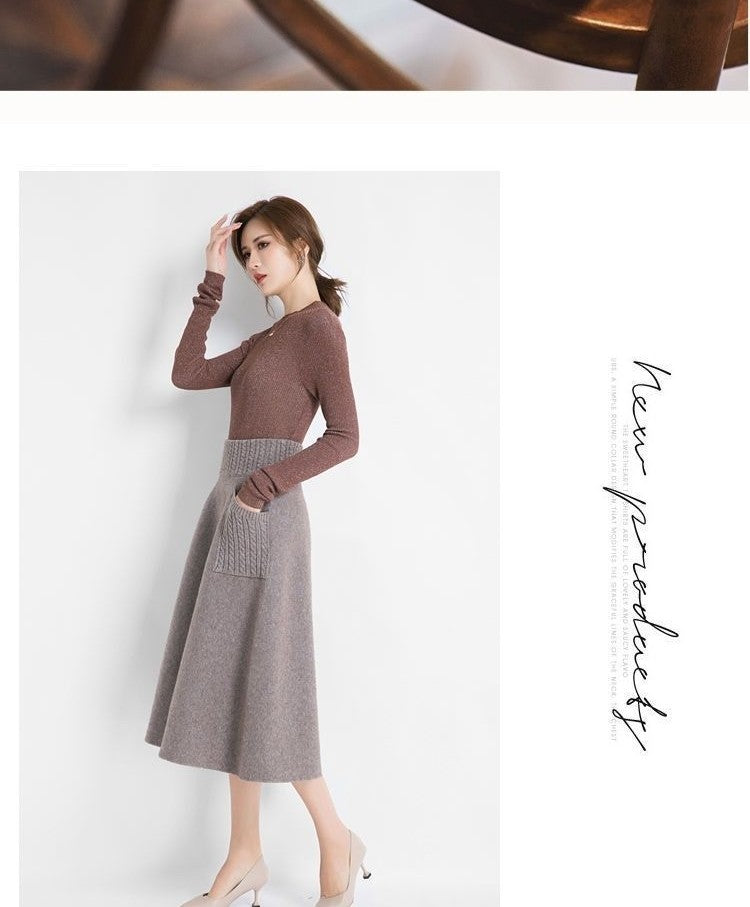 Autumn Winter Women's Mid-Length Knitted Pleated Skirt High Waist A-Line Long Skirt Loose Fuzzy Wool Skirt Double ket