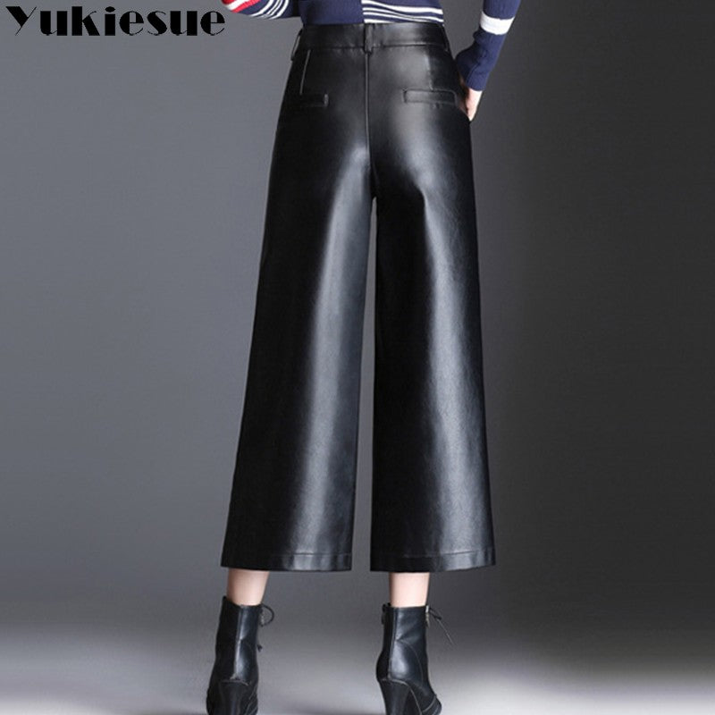 Pu wide leg pants capri women 2022 winter autumn high waist straight leather pants female trousers clothe pantalon femme