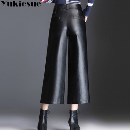 Pu wide leg pants capri women 2022 winter autumn high waist straight leather pants female trousers clothe pantalon femme