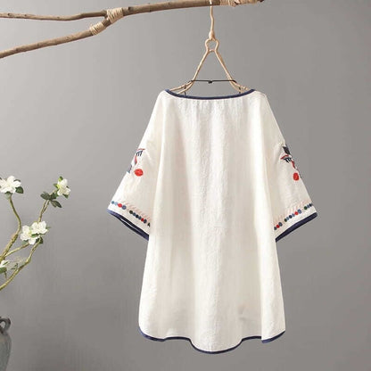 Luxury Embroidery Floral Tees Women Chinese Style Classic Loose Shirts Casual Vintage O Neck Short Sleeve Summer Blouse Tops