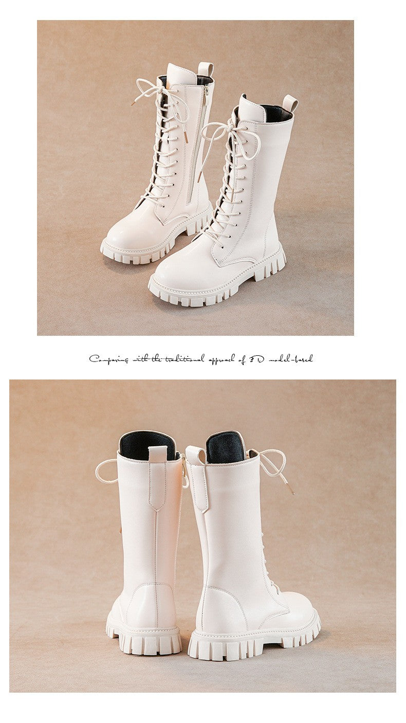 2025 Autumn/Winter  Fashion Cool Baby Girls Warm Square Heel Round Toe Casual Lace-Up Comfortable Kids Black Mid Boots