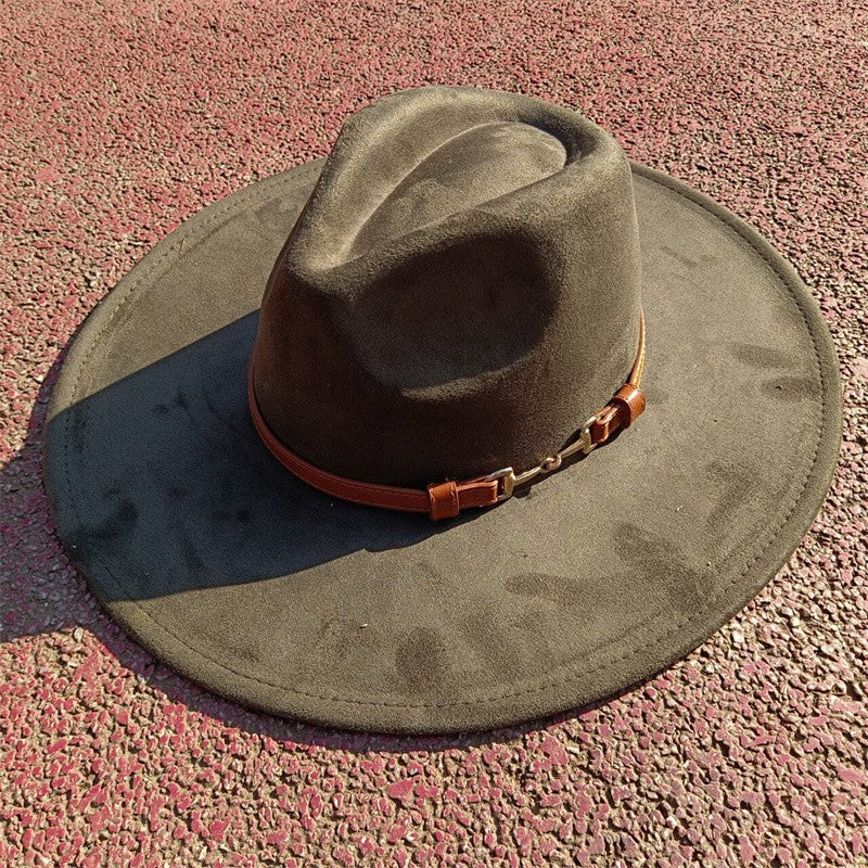 Suede fedora hat with same color accessories teardrop top wide brim hat for men and women Panama hat chapeau homme   sombrero