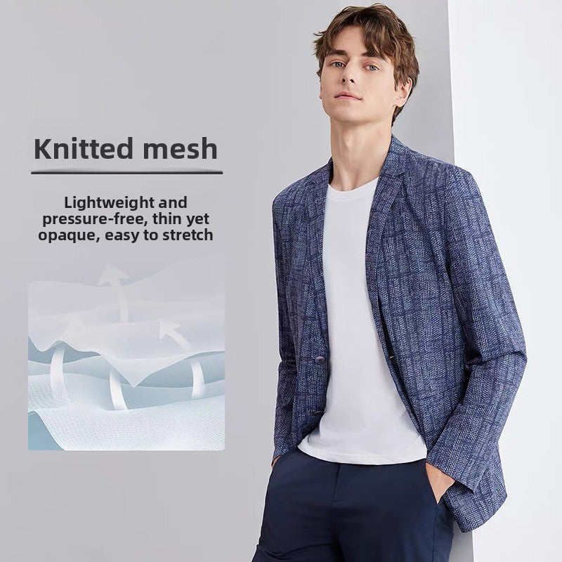 High-End Lightweight Knitted Me Qui-Dry Casual Men's Summer Thin Suit Jaet Busin Gentleman Sle round Hemline Long ...