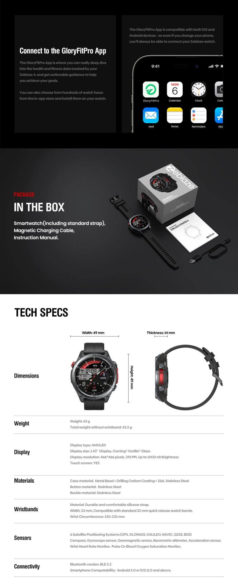 NOVO Smartwatch Zeblaze Stratos 4 GPS Tela AMOLED de 1.43 polegadas Bússola Integrada Altímetro Barométrico Lanterna Chamada de Voz