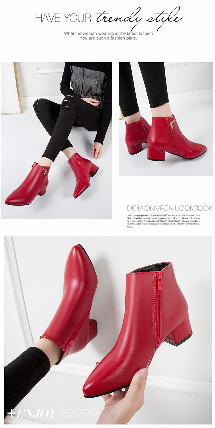 2025 New Autumn and Winter New Ankle Boots Thick Heel Pointed Toe Women Short Boots Fashion Leather Slim Boots Women Size42 Q233