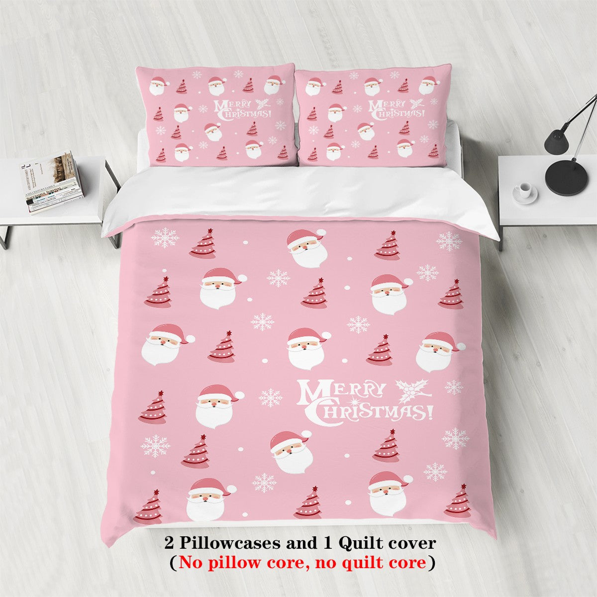3-piece Christmas themed pink Santa Claus print (1 duvet cover+2 pillowcases, no core) soft and comfortable bedding set