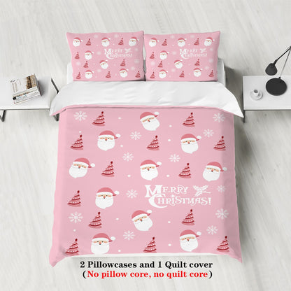 3-piece Christmas themed pink Santa Claus print (1 duvet cover+2 pillowcases, no core) soft and comfortable bedding set