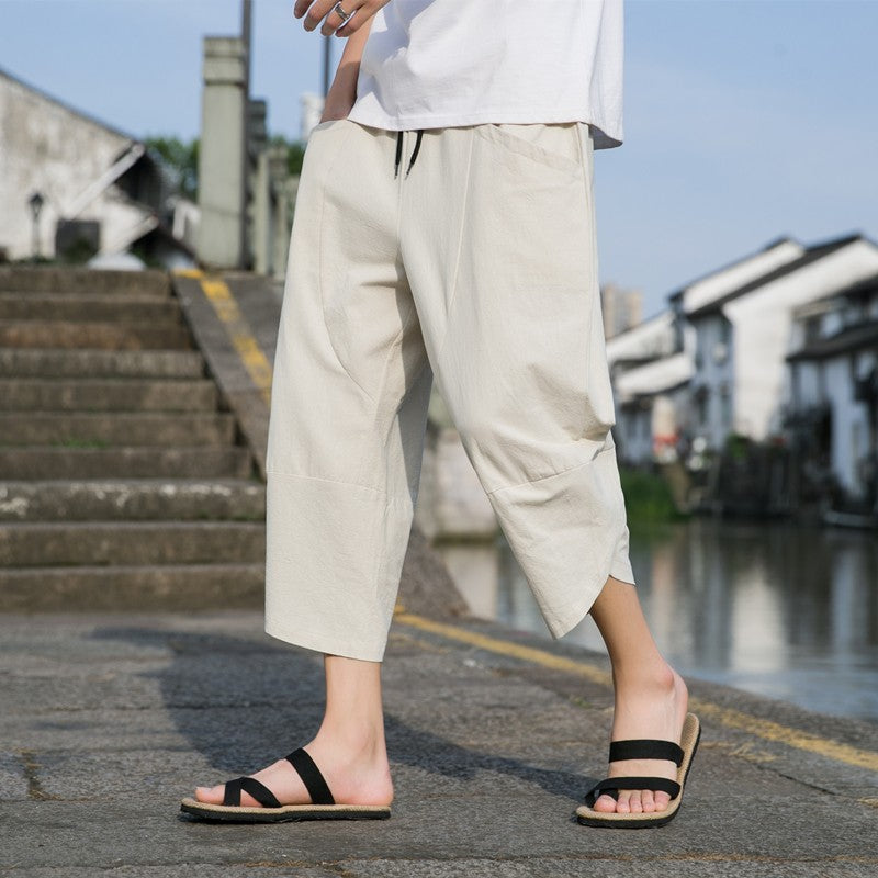 M-5XL Summer New 100% Cotton Loose Cropped Pants Solid Color Casual Elastic Waist Curved Leg Japanese Pants
