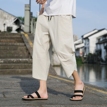 M-5XL Summer New 100% Cotton Loose Cropped Pants Solid Color Casual Elastic Waist Curved Leg Japanese Pants