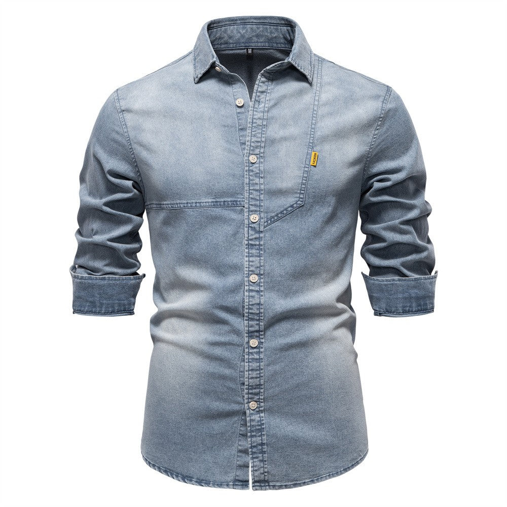 Men's casual solid - color long - sleeve denim shirt, a fashionable and versatile breathable cotton coat.