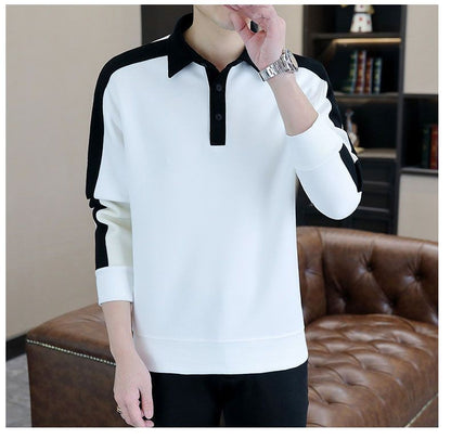 Contrast Patchwork Plus Size Korean Hoodies Sweatshirts Men Clothes Spring Autumn Polo Neck Long Sleeve Casual Top Fashion Trend