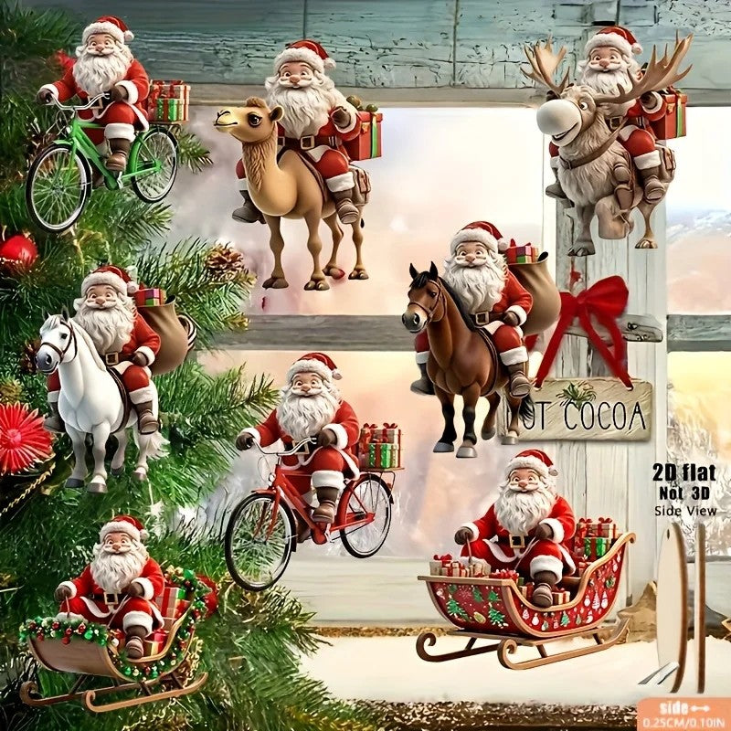 8pcs Different Riding Tools 2D Flat Santa Claus Wooden Ornament Set - Perfect for Holiday Home Decorations and Christmas Trees