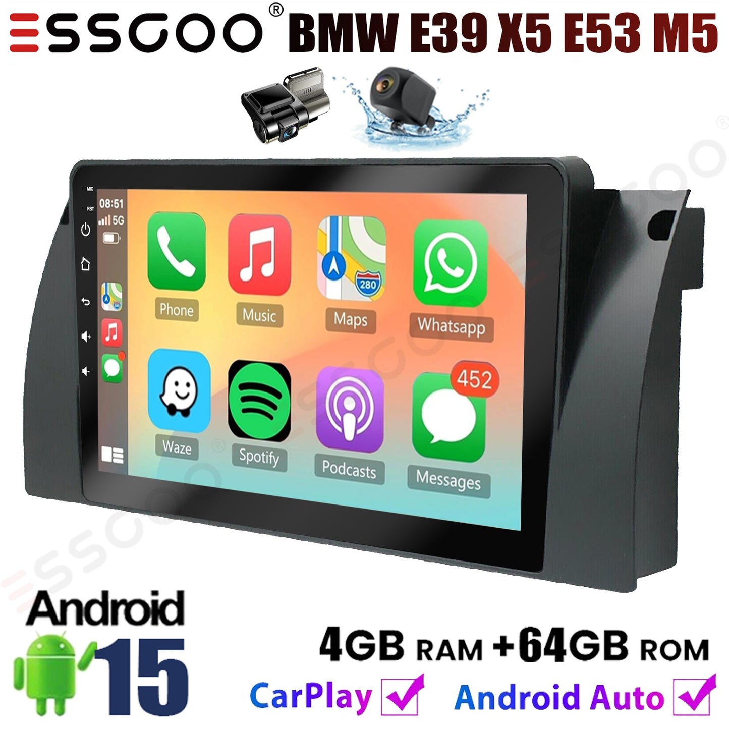 4+64GB For BMW E38 E39 E53 X5 Apple Carplay 9" Android 15.0 Car Stereo Radio Touch Screen GPS Navigation WiFi SWC BT FM+DVR&CAM