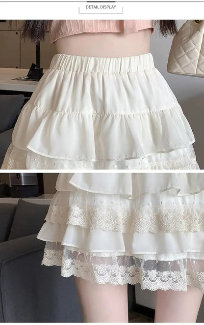 JOEVILU White Tutu Skirt A-line Elastic High Waist Mini Skirts Short Lace Cake Skirt Thin Summer Korean Fashion Goth Y2k Clothes