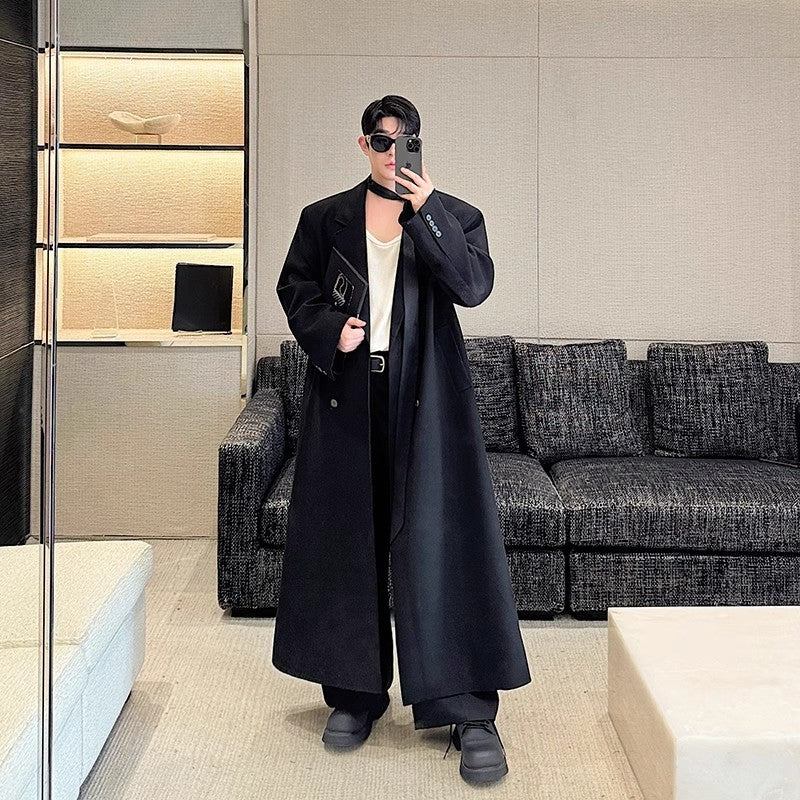 Mauroicardi Spring Autumn Extra Logn Black Oversized Flowy Soft Trench Coat for Men with Back High Slit Loose Casual Overcoat