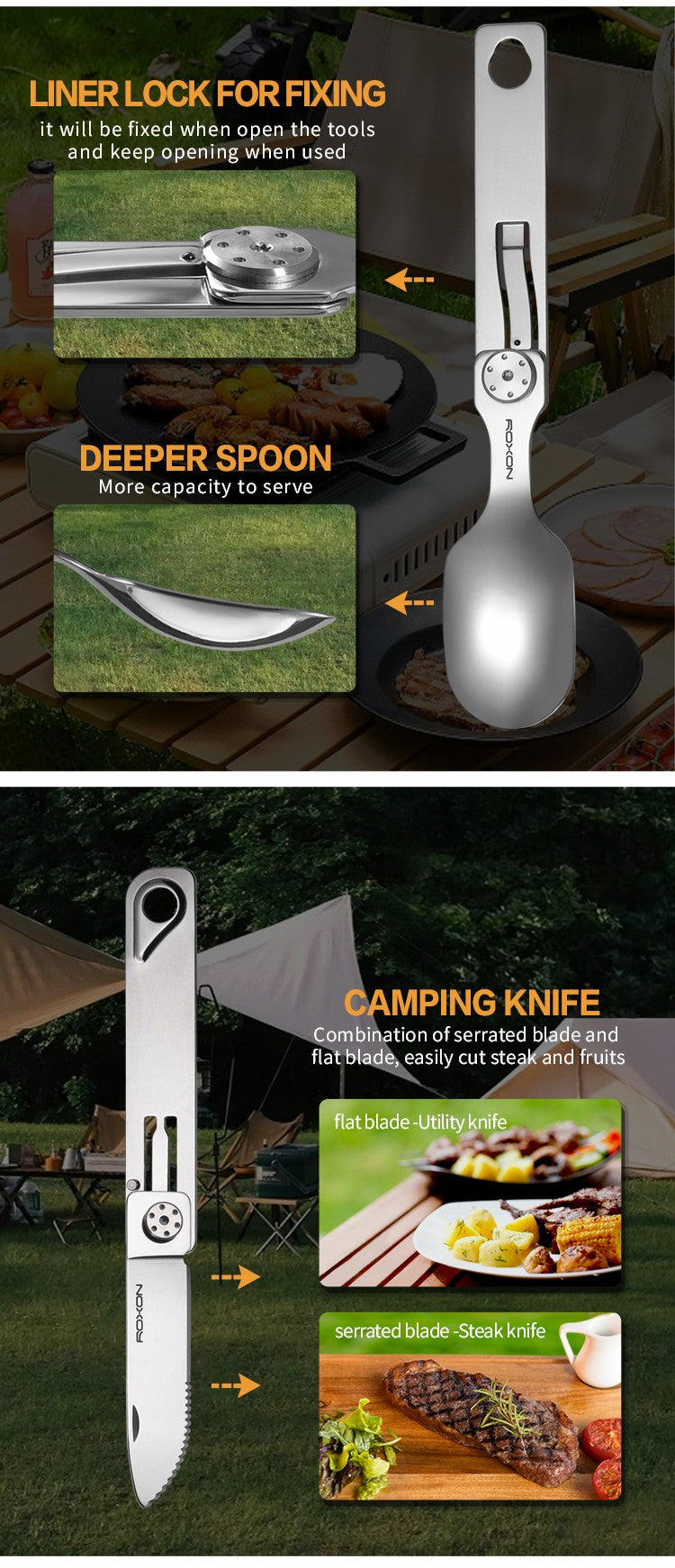 Roxon C2 Utensílio para Acampamento, Talheres Dobráveis Destacáveis 2 em 1 com Garfo e Colher para Ambientes Externos, Acampamento, Caminhada, Fácil de Transportar e Altamente