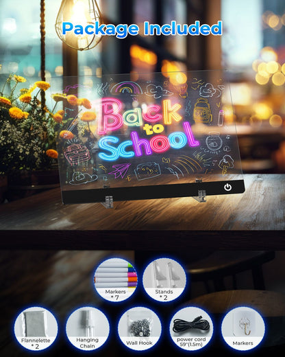LED Note Board Night Light with 7 Colors & Flashing Mode Acrylic Dry Erase Drawing Board for Birthday/Holiday Gift office home