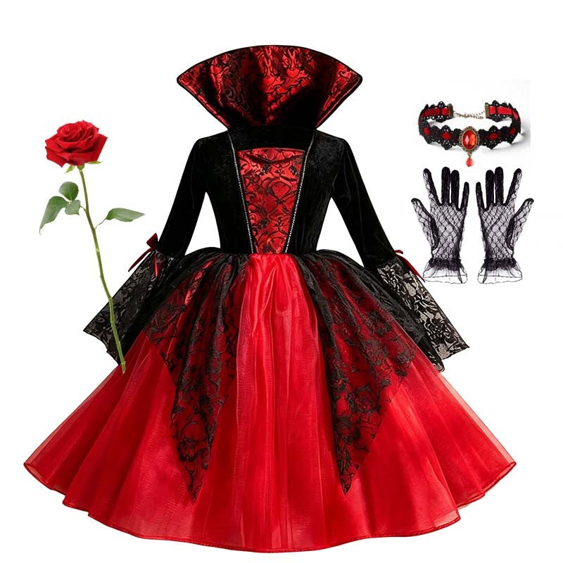 Kids Girls Cosplay Gothic Dark Ghost Bride Witch Vampire Halloween Costume Red Black Tutu Dress Wig Veil Kits Trick or Treat