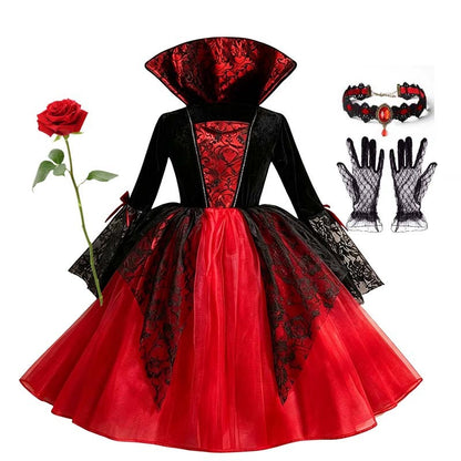 Kids Girls Cosplay Gothic Dark Ghost Bride Witch Vampire Halloween Costume Red Black Tutu Dress Wig Veil Kits Trick or Treat