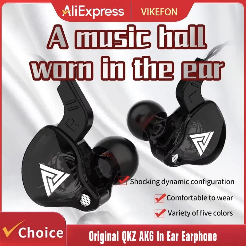 VIKEFON QKZ AK6 Fone de Ouvido Intra-auricular com 6 Drivers Dinâmicos, Headphone com Microfone, Estéreo Esportivo HIFI, Fone de Ouvido Monitor com Subwoofer