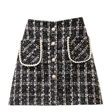 High Waist Single Breasted Women's Tweed Pencil Skirt With Pocket Autumn Winter Plaid Retro Woolen Short Skirts Female