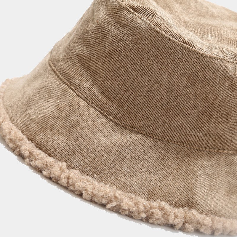 Reversible Faux Fur Bucket Hat Women Winter Lamb Wool Fleece Cap Corduroy Fisherman Hats Sunscreen Panama Caps