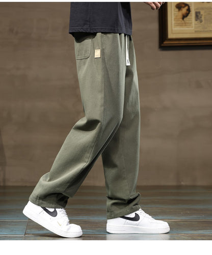 100% Cotton Men's Loose Wide Leg Pants Elastic Waist Fashion ArmyGreen Khaki Korean Streetwear Autumn Straight Trousers