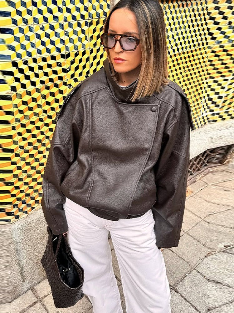 Autumn Fashion Standing Collar Women's Leather Jackets Windproof Loose Fold Coats Locomotive Style High Street Outdoors Clothes