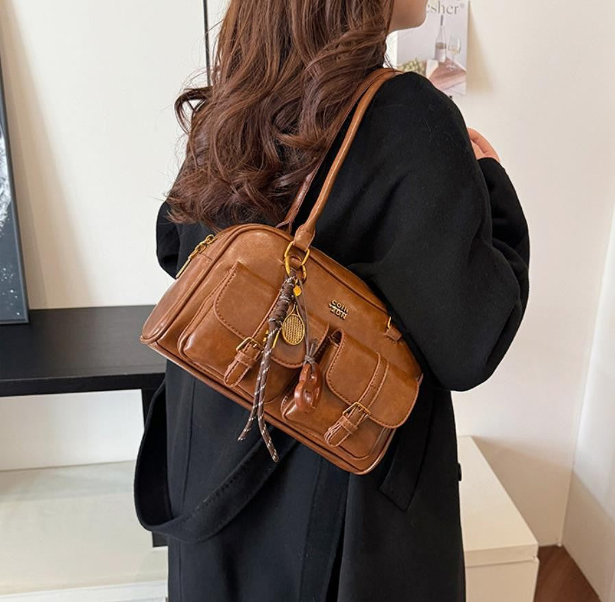 Women's Coffee Brown Multi-Pocket Handbag Shoulder Bag, Stylish Versatile Letter Crossbody Purse for Travel Work Shopping Dates