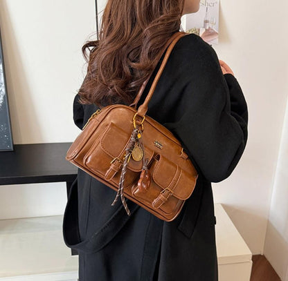 Women's Coffee Brown Multi-Pocket Handbag Shoulder Bag, Stylish Versatile Letter Crossbody Purse for Travel Work Shopping Dates