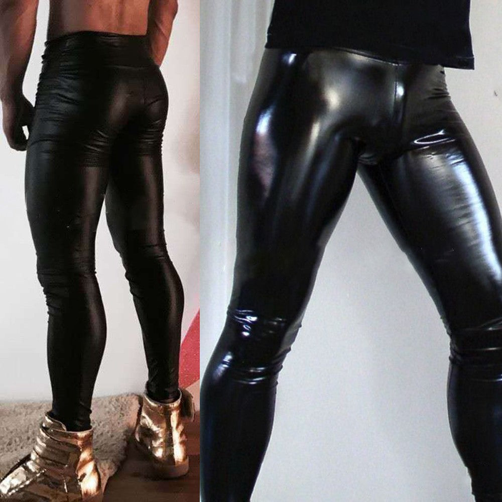 Hot Sexy Gay Men's PU Leather Legging Wet Look Skinny Pouch Pants Trousers Nightclub Party Tight Male Exotic Costume