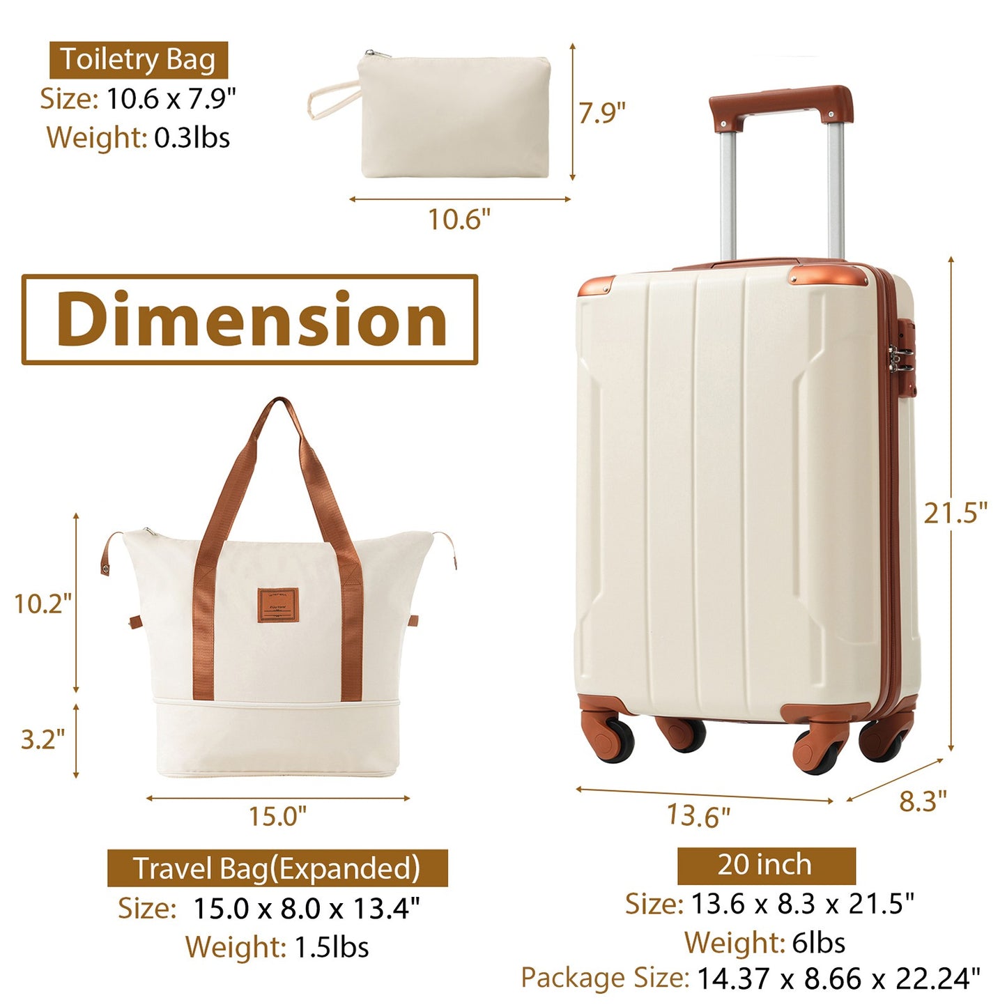 Mala de Viagem de 20 Polegadas com Rodas, Design Moderno, com 1 Bolsa de Viagem e 1 Necessaire para Viagens Curtas e Longas