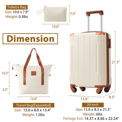 Mala de Viagem de 20 Polegadas com Rodas, Design Moderno, com 1 Bolsa de Viagem e 1 Necessaire para Viagens Curtas e Longas