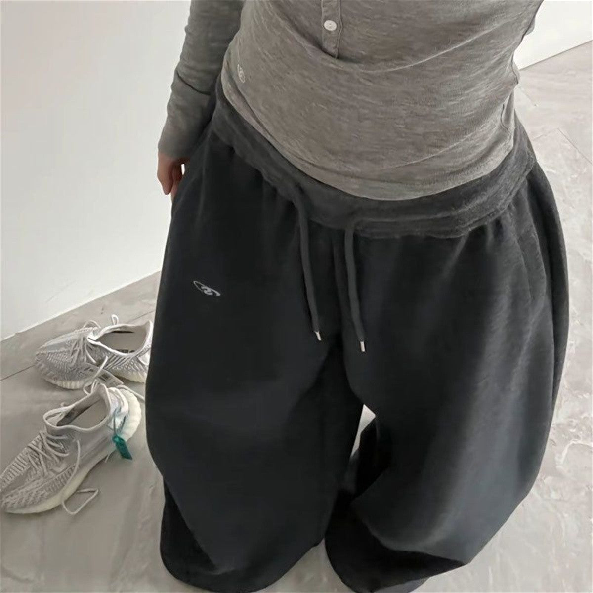 Oversize Woman Grey Black Sweatpants Y2K Korean Streetwear Loose Casual Jogger Pants High Waist All Match Drawstring Trousers