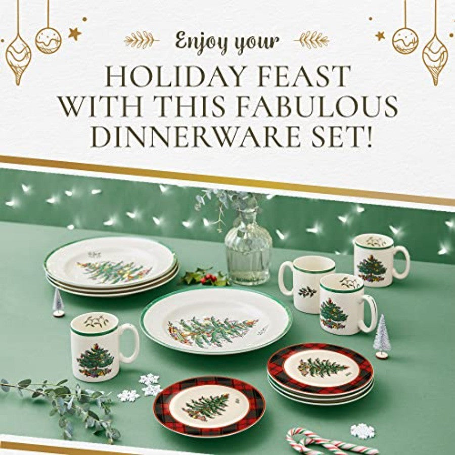 Christmas Tree 16-Piece Tartan Dinnerware Set (Service for 4) - Festive Holiday Tableware Collection with Plates, Bowls, Mugs -