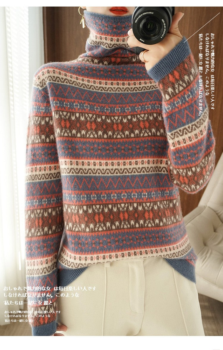 Autumn and Winter New 100% Wool Cashmere Sweater Women's High Neck Pullover Casual Knitted Loose Korean Fashion Color Block Top